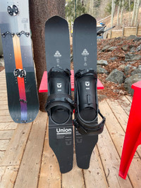 nitro split snowboard with union bindings  , skins , and poles