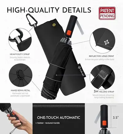 Windproof Large Travel Inverted Umbrella, 55" 10 Ribs for Rain &, View more