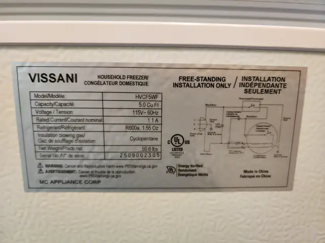 Vissani 5.0 cu. ft. Chest Freezer in Freezers in Oakville / Halton Region - Image 7