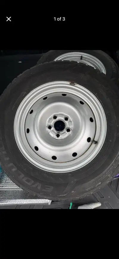 Ready to mount. Fits Subaru and might fit other brands. 5x100, too big for my car. Tires still have...