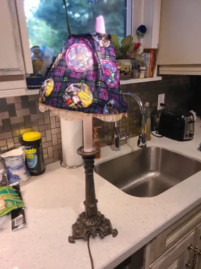 Brass Lamp with Beauty and the Beast handmade lamp shade., View more
