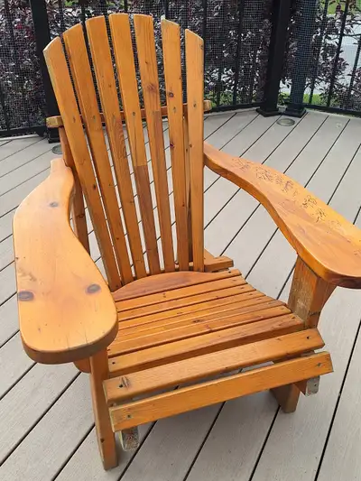 "HOCKEY" ADIRONDACK CHAIR! with signatures of a hockey team! All-Stars team? Solid, all wood. Clear...