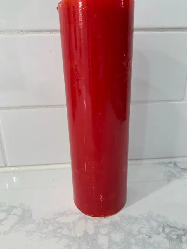 Christmas red pillar candle - cinnamon apple scent - 3” dia x $8