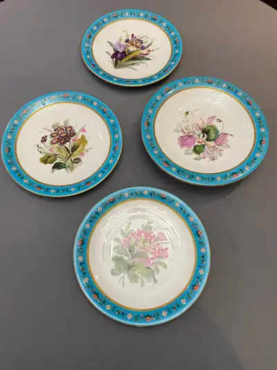 3 Royal Worcester Hand Painted "Plant Center" Decorative Plates plus raised dessert service plate fe...