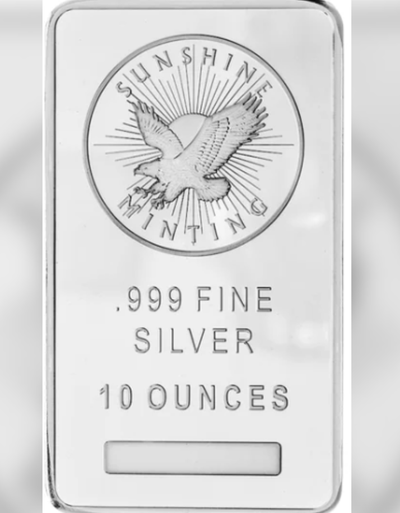 10 OZ Silver bar. Obverse: Features the Sunshine Minting logo with metal type, weight, and purity Re...