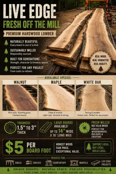 Discover the beauty of our fresh-cut live edge lumber, perfect for adding a touch of rustic elegance...