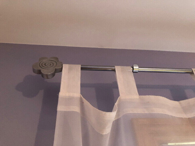 Purple roller shades, sheer white curtains, curtain rod in Other in Cambridge