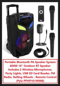 (NEW) Portable Bluetooth PA Speaker 600W 2 Wireless Mics Remote