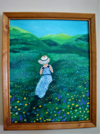 Acrylic painting, Girl walking in spring time
