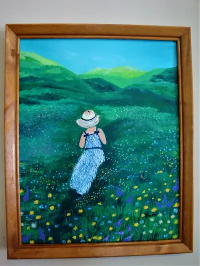 Acrylic painting, Girl walking in spring time, View more