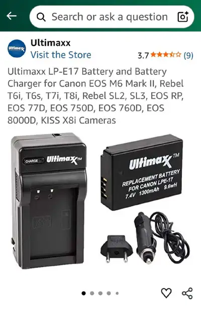 This is an Ultimaxx LP-E17 battery and charger for Canon EOS M6 Mark II, Rebel T6i, T6s, T7i, T8i, R...