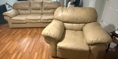 two piece real leather sofa and chair , View more