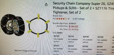 Not used SCC Super Z6 tire chains (set of 2) for trouble free winter driving NOTE: advertised under...