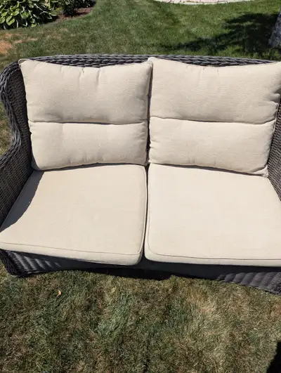 Outdoor love seat, Rattan , comfy cushions ., View more