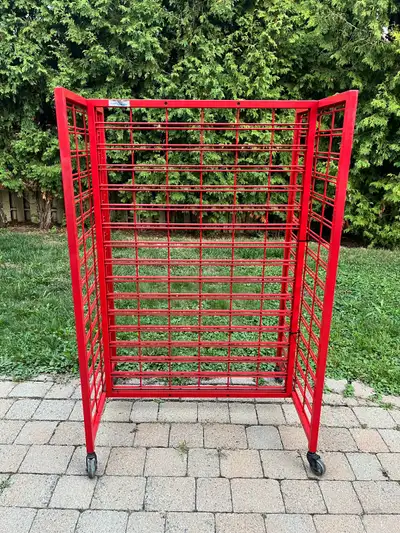 Red Metal Storage Display Gridwall Racking Rolling on Wheels, View more