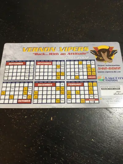 BCJHL 2001-2002 Vernon Vipers magnetic schedule, View more