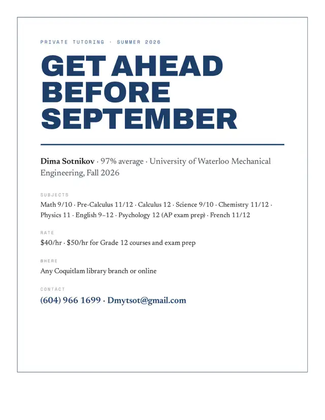 Private Tutoring - Summer 2026475930028210933760