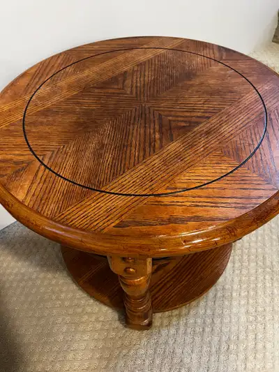 Solid Oak Round End Table | 26" | Starburst Inlay | Turned Legs, View more