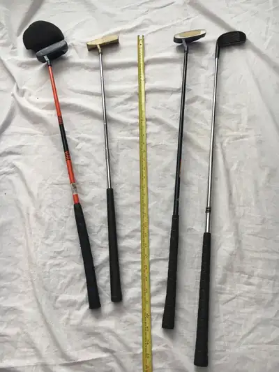 Various brand names golf putters for sale. (chipper sold) - see scale ruler lengths - brand names of...