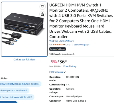 UGREEN HDMI KVM Switch 1 Monitor 2 Computers, 4K@60Hz with 4 USB, View more