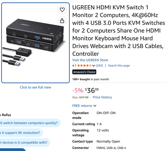 UGREEN HDMI KVM Switch 1 Monitor 2 Computers, 4K@60Hz with 4 USB