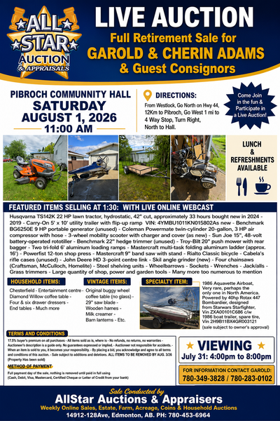 Retirement Auction for Garold & Cherin Adams - Aug 1st @ 11 am, View more