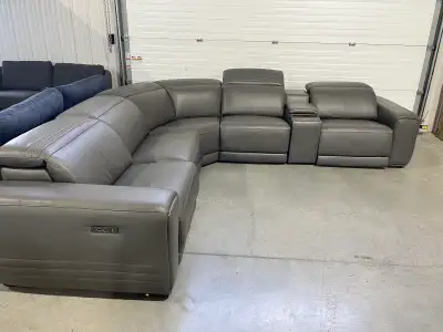 Grey leather 6 piece power sectional , View more