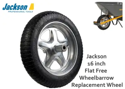 Jackson 16-inch Flat Free Wheelbarrow Replacement Wheel for Sale. This rubber-clad wheelbarrow tire...