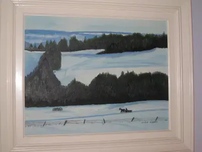Toile Peinture ORIGINAL Art Painting Scène d'hiver campagne bleu, View more