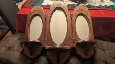 Vintage 3-panel wooden mirror and shelves , View more