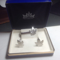 Vintage Canada Maple Leaf Tie Bar And Cufflinks