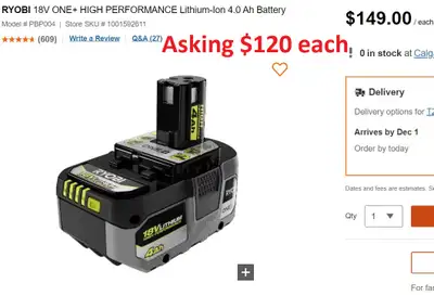 Ryobi 18 Volt Lithium Ion Batteries – New, View more