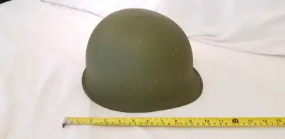 Cdn US army mil M-1 steel helmet outer green w chin strap c1960s, View more