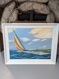 Sailboat oil painting by local artist in wood frame