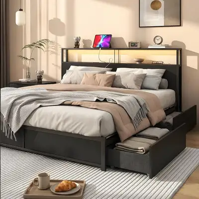 LED King Size Bed Frame with Storage Headboard & 4 Drawers, View more
