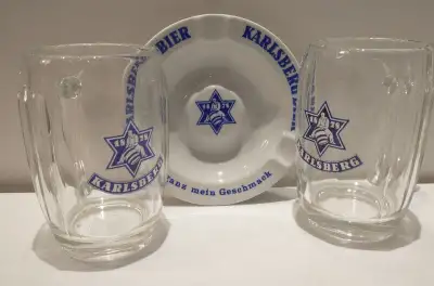 Vintage Karlsberg beer mugs and ashtray