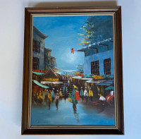 (SOLD) Vintage Original Oil on Canvas - Asian Night Market