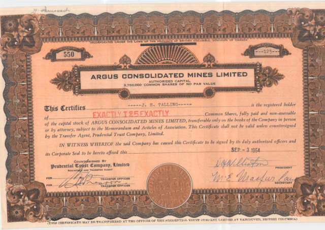 Scripophily - Argus Consolidated Mines Ltd - Share Certificates in Arts & Collectibles in Kamloops - Image 2