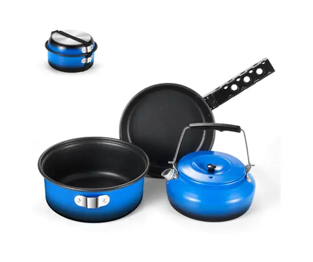 New 5pcs Camping Cookware Mess Kit with Removable Handle/Blue in BBQs & Outdoor Cooking in Calgary - Image 2