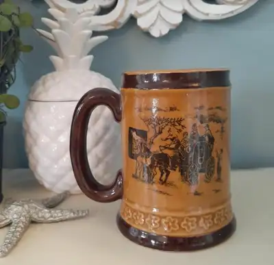 Vintage brown ceramic beer mug stein - made in occupied Japan - with a Victorian horse & carriage sc...