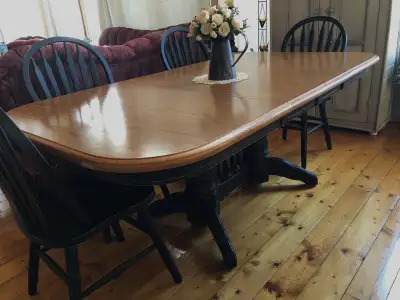 Restored&Refinished Double Pedestal Table w Leaves, Distressed, View more