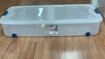 Four Storage containers 62 L. $15 each. Sell at Walmart at $30 plus taxes.