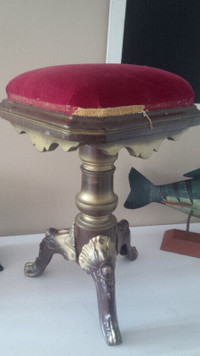 Antique Piano Stool, Seat Covered in Red Velvet