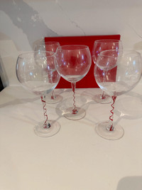 Wine Glasses with Red Swirl Stems , Balloon Glass Goblets