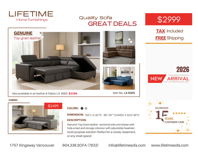 Genuine Top Grain leather sectional  with hide-a-Bed & Storage in Couches & Futons in Vancouver - Image 2