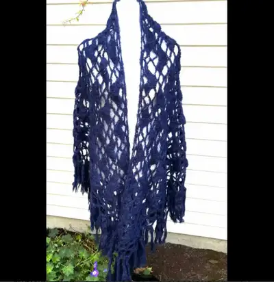 Vintage Canadian: hand crocheted dark navy blue mohair shawl, View more
