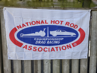NHRA Drag racing nylon banner, excellent clean condition, approx 3' by 5' in size, metal grommets on...