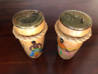 Vintage drum shaped solid wood and brass salt and pepper shakers