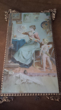 Vintage Victorian Print & Frame, Mama Painting Her Little Cupid