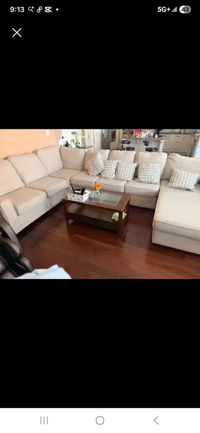 Beige Sectional Sofa with Plaid Accent Pillows, View more